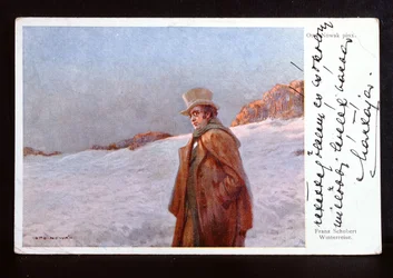 Wienervykort föreställande Franz Peter Schubert (1797-1828) och illustrerat hans sångcykel 